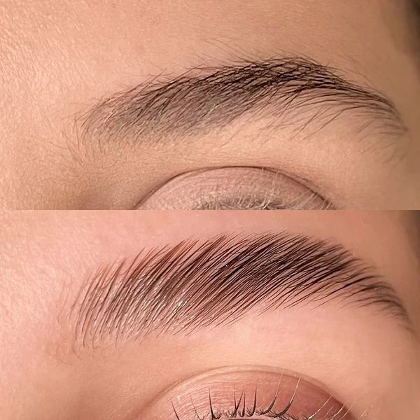 Antes e depois de Brow Lamination por Pamela Farias, fios alinhados e com brilho